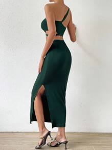 Breezaya One Shoulder Crop Top & Split Thigh Skirt - Dark Green - View 2