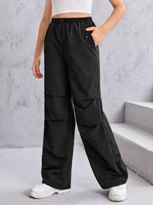 SHEIN Leap Crew Teen Girls Drawstring Waist Slant Pocket Pants - Black - View 2