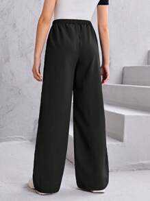 SHEIN Leap Crew Teen Girls Drawstring Waist Slant Pocket Pants - Black - View 3