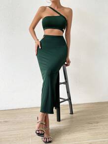 Breezaya One Shoulder Crop Top & Split Thigh Skirt - Dark Green - View 5