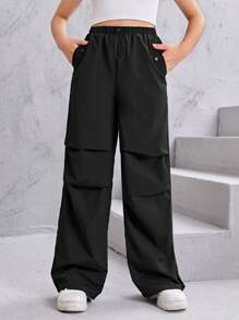 SHEIN Leap Crew Teen Girls Drawstring Waist Slant Pocket Pants - Black - View 1