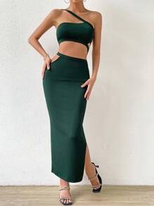 Breezaya One Shoulder Crop Top & Split Thigh Skirt - Dark Green - View 6