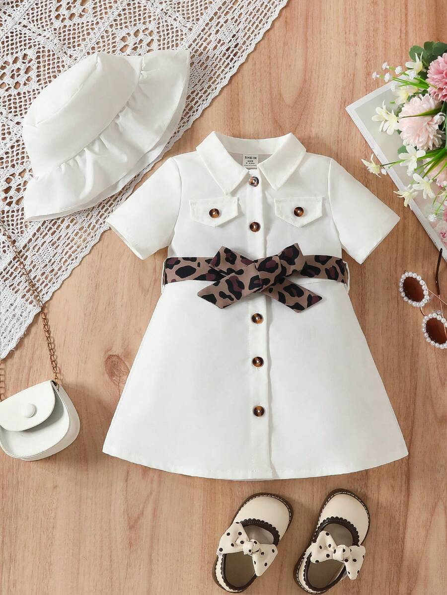 SHEIN 嬰兒翻蓋細節前紐扣襯衫連衣裙&帽 - 白色 - 查看 1