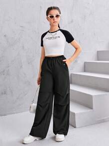 SHEIN Leap Crew Teen Girls Drawstring Waist Slant Pocket Pants - Black - View 5