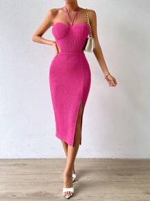 Chiquease Đầm Lộ Lưng Buộc lại Tách cao màu trơn Gợi cảm - Màu Hồng Tươi - Xem 1