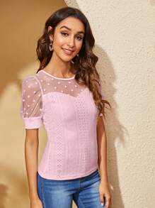 SHEIN Clasi Dobby Mesh Yoke Schiffy Top - Baby Pink - View 3