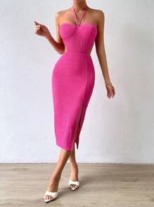 Chiquease Đầm Lộ Lưng Buộc lại Tách cao màu trơn Gợi cảm - Màu Hồng Tươi - Xem 5