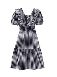 Vestido de guingán de manga farol ribete con fruncido bajo con fruncido - Negro - Ver 2