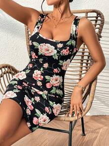 SHEIN Privé Floral Print Square Neck Bodycon Dress - Multicolor - View 1