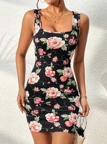 SHEIN Privé Floral Print Square Neck Bodycon Dress - Multicolor - View 6