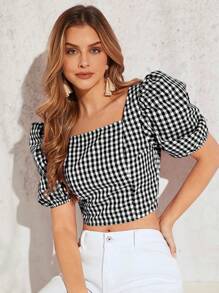 SHEIN Privé impressão de guingão gola quadrada manga bufante Blusa cropped