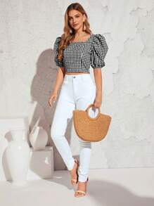 SHEIN Privé impressão de guingão gola quadrada manga bufante Blusa cropped