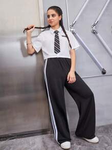 SHEIN 青少年女孩貼布細節襯衫和側拼接織帶長褲帶系帶 - 黑與白 - 查看 1