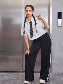 SHEIN 青少年女孩貼布細節襯衫和側拼接織帶長褲帶系帶 - 黑與白 - 查看 3