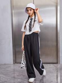 SHEIN 青少年女孩貼布細節襯衫和側拼接織帶長褲帶系帶 - 黑與白 - 查看 5