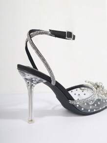 Transparent Rhinestone Bow Pointy Toe Pumps - Black - View 4