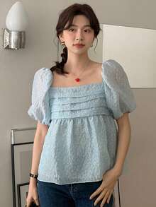 Camisa babydoll unicolor de manga farol fruncido - Celeste - Ver 1