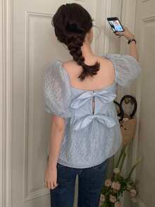 Camisa babydoll unicolor de manga farol fruncido - Celeste - Ver 2