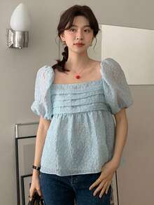 Camisa babydoll unicolor de manga farol fruncido - Celeste - Ver 4