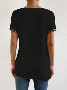 Chiquease Contrast Lace Asymmetrical Hem Blouse - Black - View 2