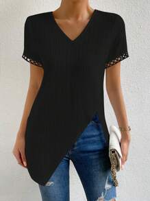 Chiquease Contrast Lace Asymmetrical Hem Blouse - Black - View 3