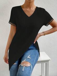 Chiquease Contrast Lace Asymmetrical Hem Blouse - Black - View 5