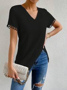 Chiquease Contrast Lace Asymmetrical Hem Blouse - Black - View 6