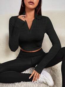 Yoga Basic Áo nỉ Thể thao Nữ Tương phản Mesh Dây kéo màu trơn - màu đen - Xem 2