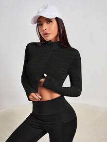 Yoga Basic Áo nỉ Thể thao Nữ Tương phản Mesh Dây kéo màu trơn - màu đen - Xem 4