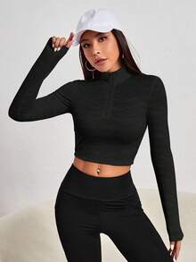 Yoga Basic Áo nỉ Thể thao Nữ Tương phản Mesh Dây kéo màu trơn - màu đen - Xem 5