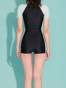 Women's High Neck Zipper Front Short Sleeve One-Piece Swimsuit With Built-In Shorts And High Stretch Material - Black - View 2