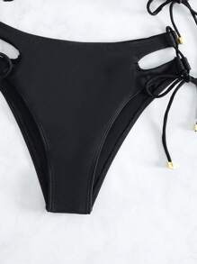 Solid Bikini Set Lace Up Side High Neck Tank Top & Tie Side Bottom 2 Pieces Bikini Summer Beach - Black - View 5