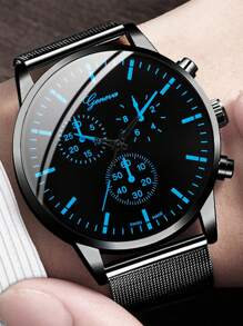 1 Đồng hồ đeo tay thạch anh hình tròn cho nam & 1 Vòng đeo tay - màu đen - Xem 4