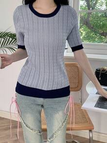 Top ribete en contraste tejido de cable - Gris - Ver 1