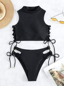 Solid Bikini Set Lace Up Side High Neck Tank Top & Tie Side Bottom 2 Pieces Bikini Summer Beach - Black - View 7