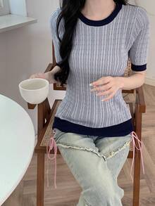 Top ribete en contraste tejido de cable - Gris - Ver 3