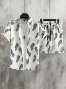 Manfinity RSRT 男士熱帶圖案襯衫&腰部抽繩短褲不帶T恤 - 白色 - 查看 1