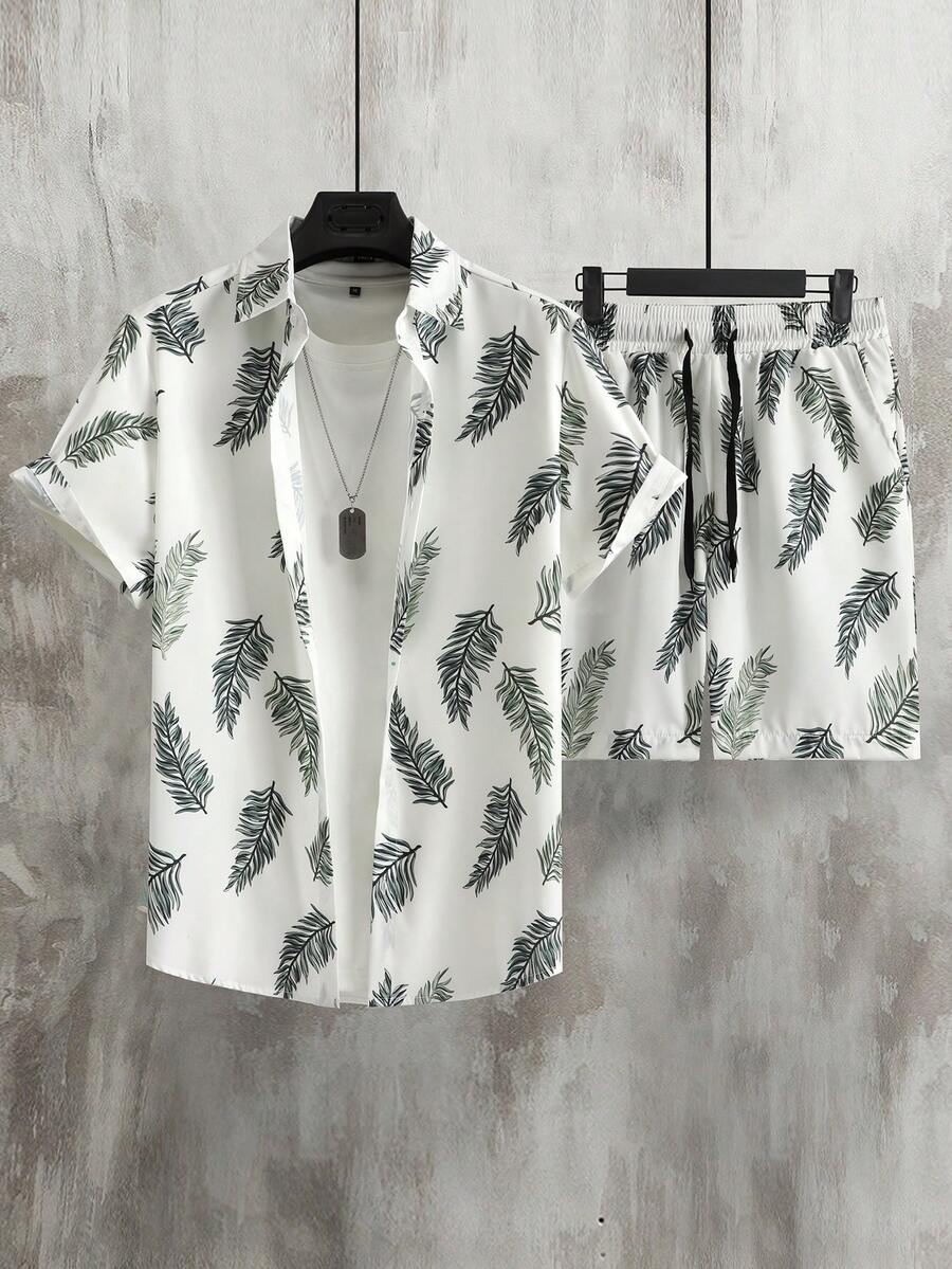 Manfinity RSRT 男士熱帶圖案襯衫&腰部抽繩短褲不帶T恤 - 白色 - 查看 1