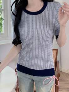 Top ribete en contraste tejido de cable - Gris - Ver 4