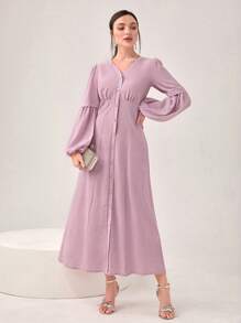 Modelyn Lantern Sleeve Button Front Dress - Pink - View 1