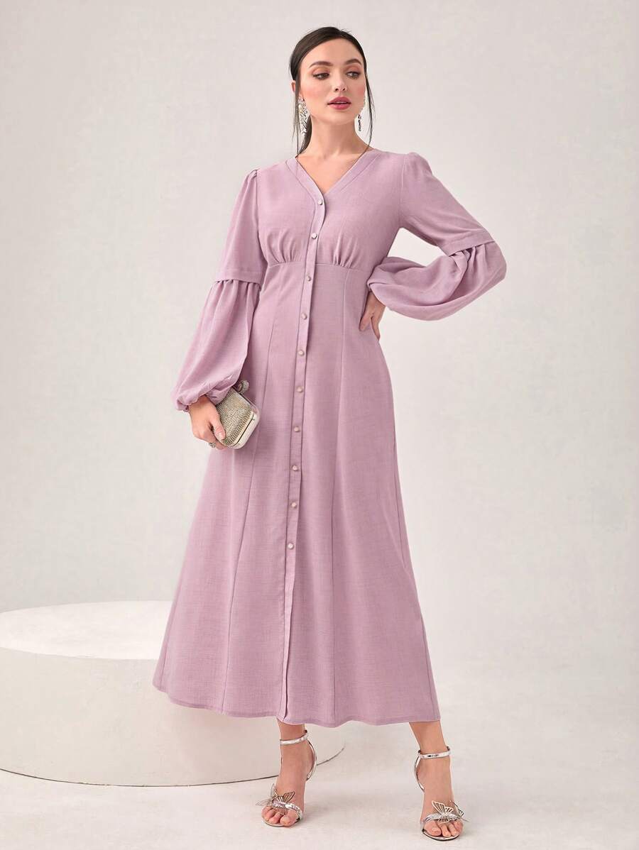 Modelyn Lantern Sleeve Button Front Dress - Pink - View 1