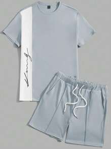 GENTILAND Men Letter Graphic Colorblock Tee & Drawstring Waist Shorts - Baby Blue - View 1