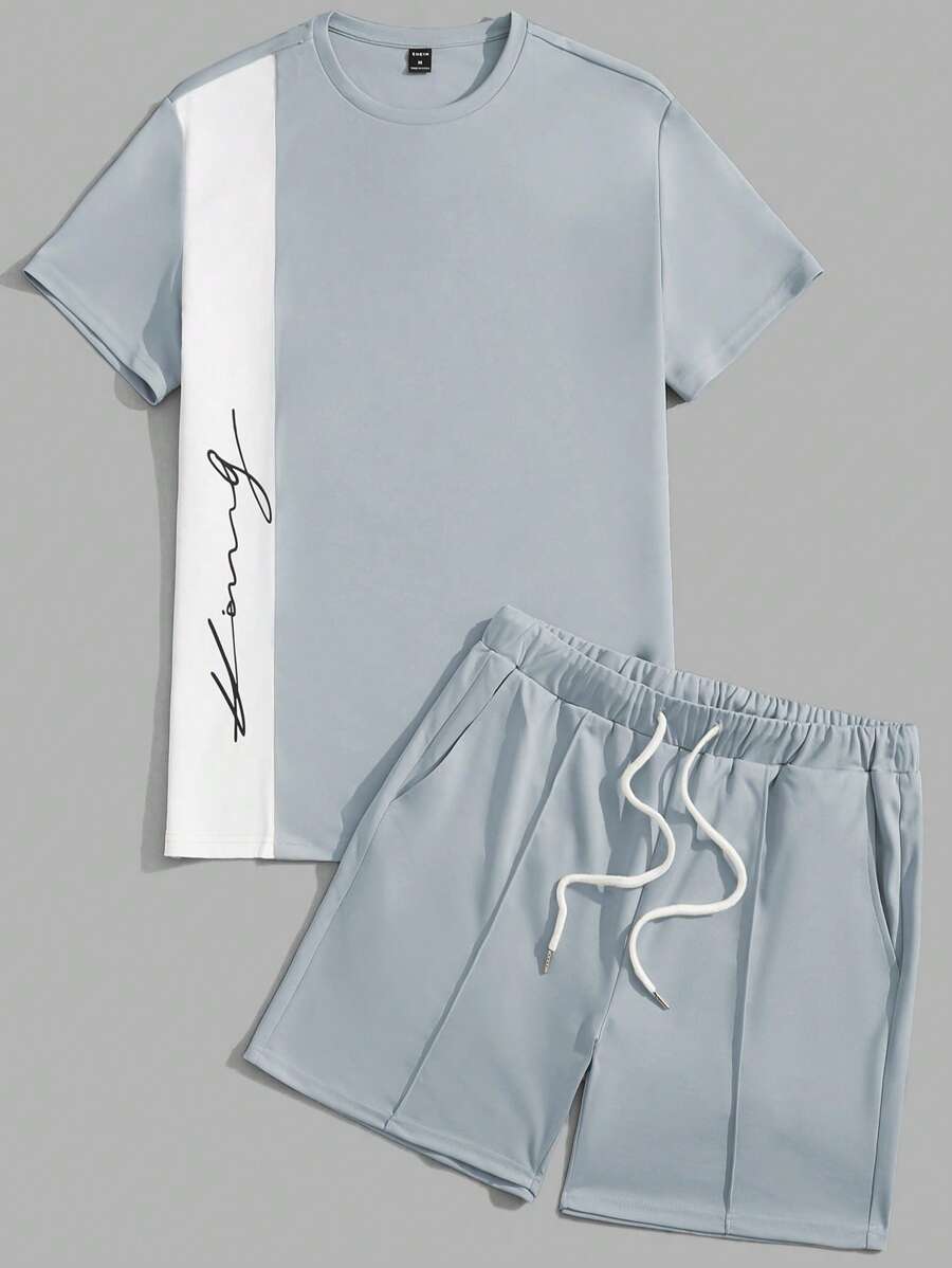 GENTILAND Men Letter Graphic Colorblock Tee & Drawstring Waist Shorts - Baby Blue - View 1