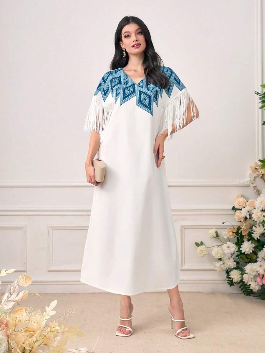 Seusyu Đầm mép Dây kéo Hình học Thanh lịch - trắng - Xem 1