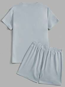 GENTILAND Men Letter Graphic Colorblock Tee & Drawstring Waist Shorts - Baby Blue - View 2