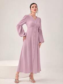 Modelyn Lantern Sleeve Button Front Dress - Pink - View 4