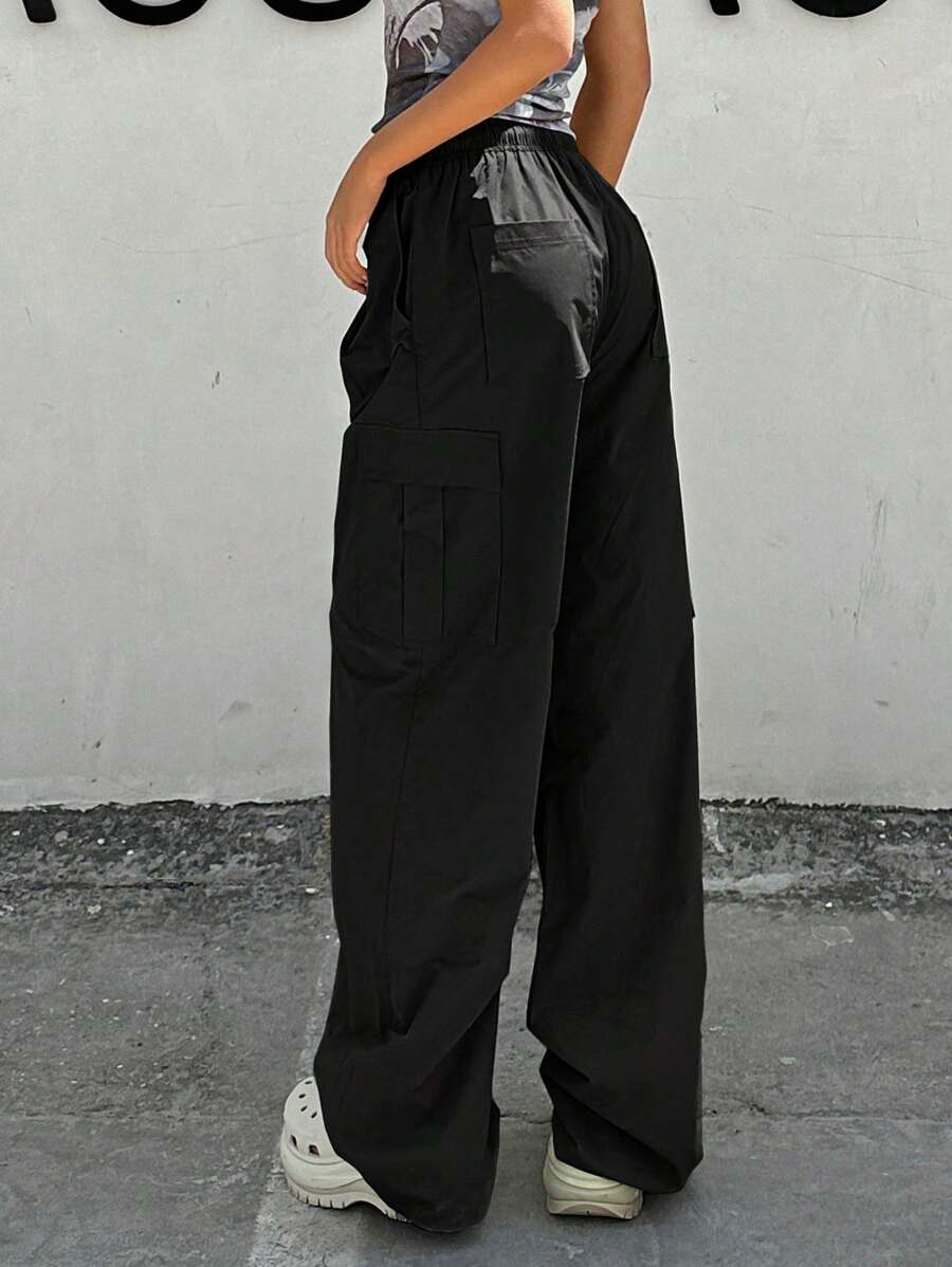 DAZY Solid Flap Pocket Side Cargo Trousers - Black - View 1