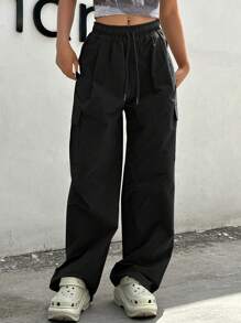 DAZY Solid Flap Pocket Side Cargo Trousers - Black - View 2