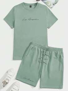 GENTILAND Men Letter Graphic Tee & Drawstring Waist Shorts - Mint Green - View 1