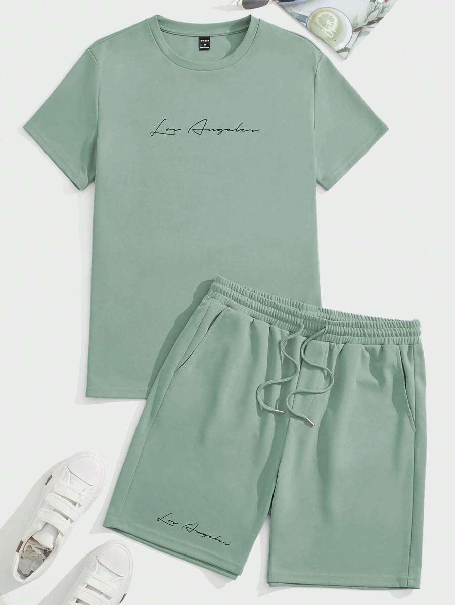 GENTILAND Men Letter Graphic Tee & Drawstring Waist Shorts - Mint Green - View 1